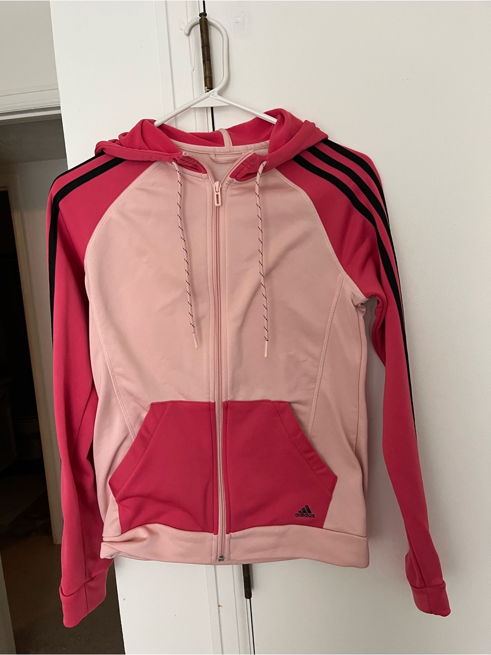 adidas Pink Two-Tone Hooded Track Jacket with Black Stripes